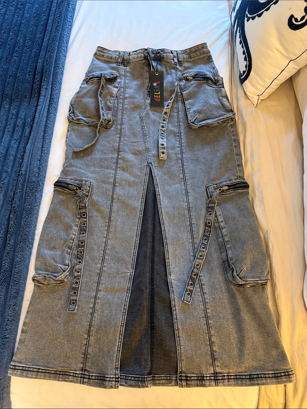 dELiA*s Washed Gray Denim Flare Skirt with Cargo Pockets